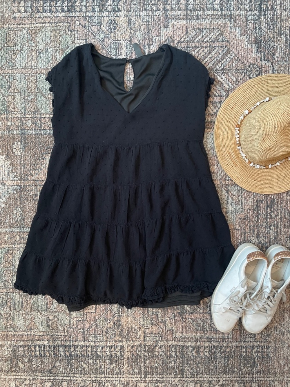 Black Swiss Dot Babydoll Mini Dress Size S Tiered Flowy Casual Lightweight